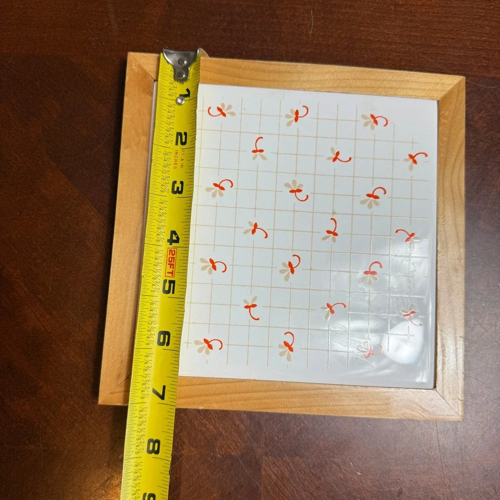 vtg 70's Ceramic Tile Trivet‎ Wood Framed Orange Floral Grid Retro Wall Decor